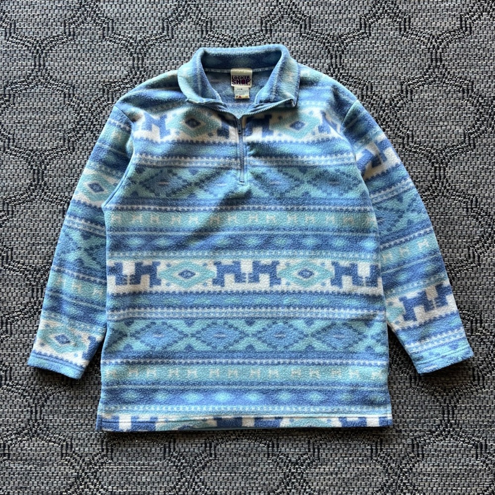 Vintage Fleece Sweater Mens Medium Blue Tribal Aztec Geometric Quarter Zip 90s